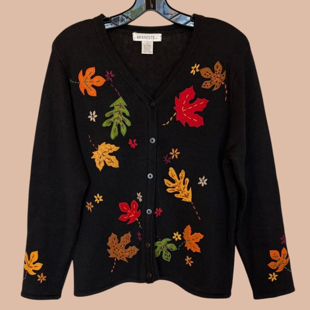 Arriviste Vintage Autumn Themed Novelty Cardigan Fall Leaves Ramie Cotton size L